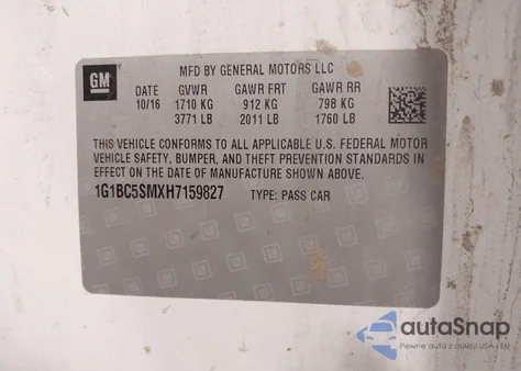 2017 Chevrolet Cruze Ls Auto из США, поврежденный, VIN 1G1BC5SMXH7159827